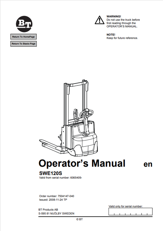 BT FORKLIFT SWE120S OPERATOR MANUAL PDF