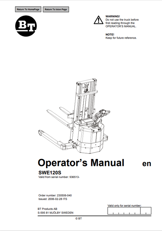 BT FORKLIFT SWE120S OPERATOR MANUAL PDF
