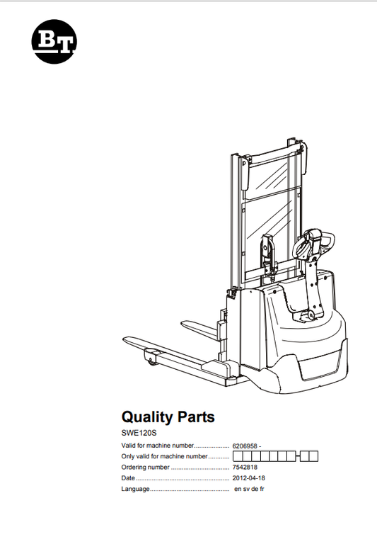 BT FORKLIFT SWE120S QUALITY PARTS MANUAL PDF