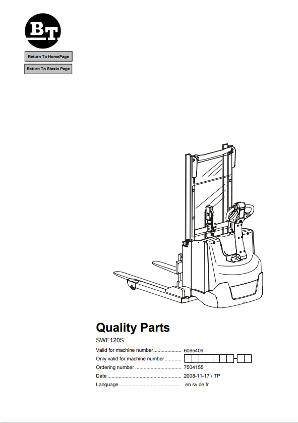 BT FORKLIFT SWE120S QUALITY PARTS MANUAL PDF