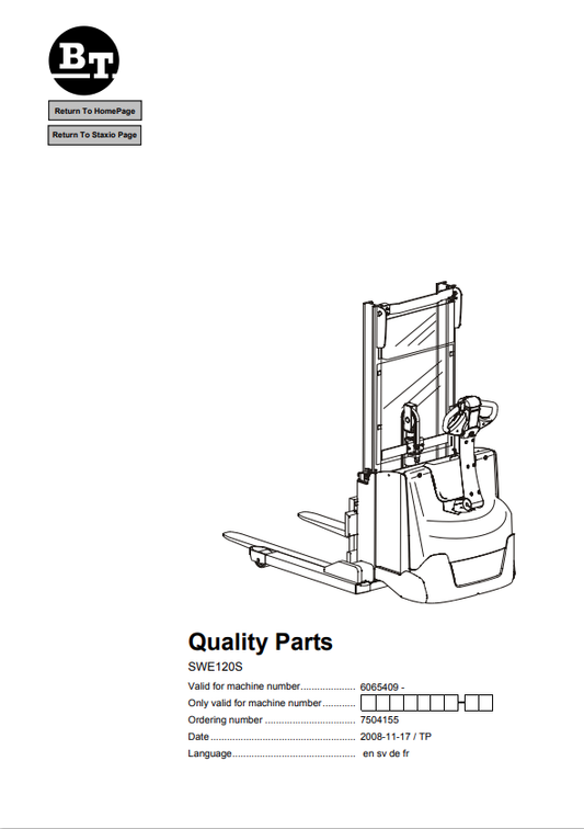 BT FORKLIFT SWE120S QUALITY PARTS MANUAL PDF