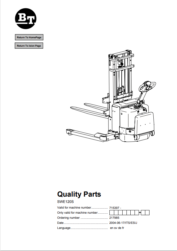 BT FORKLIFT SWE120S QUALITY PARTS MANUAL PDF