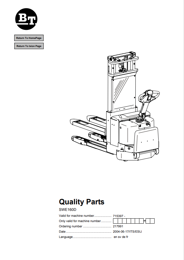 BT FORKLIFT SWE160D QUALITY PARTS MANUAL PDF
