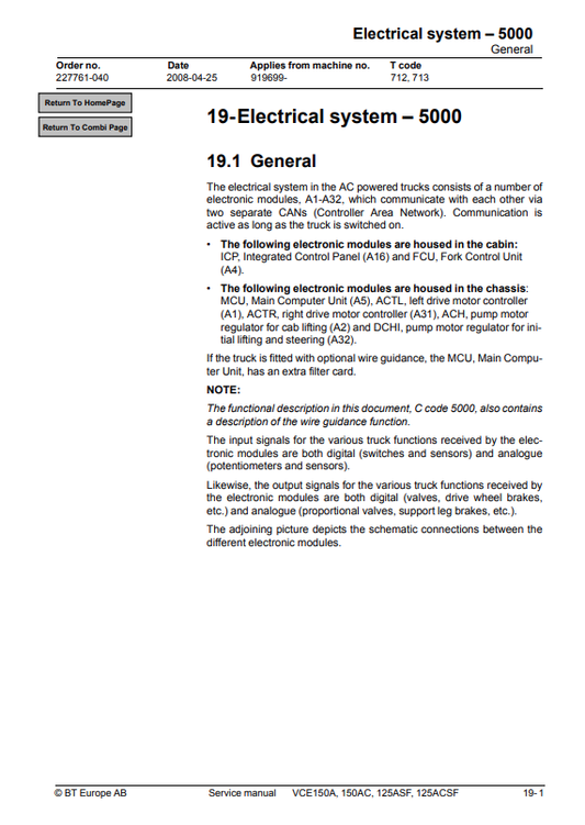 BT FORKLIFT VCE150A, 150AC, 125ASF, 125ACSF SERVICE MANUAL PDF