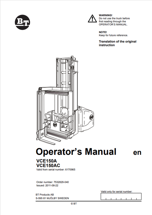 BT FORKLIFT VCE150A, VCE150AC OPERATOR MANUAL PDF