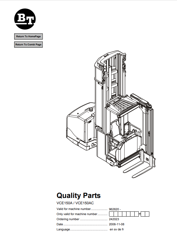 BT FORKLIFT VCE150A, VCE150AC QUALITY PARTS MANUAL PDF