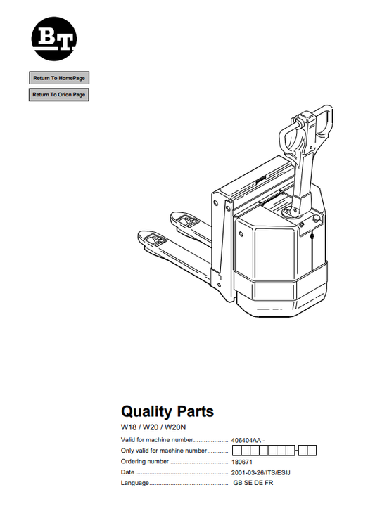 BT FORKLIFT W18, W20, W20N QUALITY PARTS MANUAL PDF
