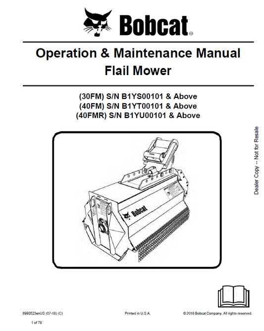 Bobcat 30 FM, 40FM, 40FMR Flail Mower Operation & Maintenance Manual PDF
