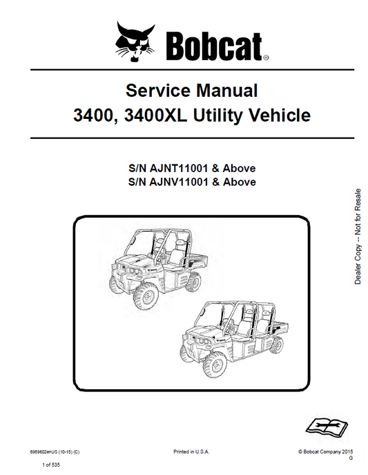 Bobcat 3400, 3400XL Utility Vehicle Service Manual PDF