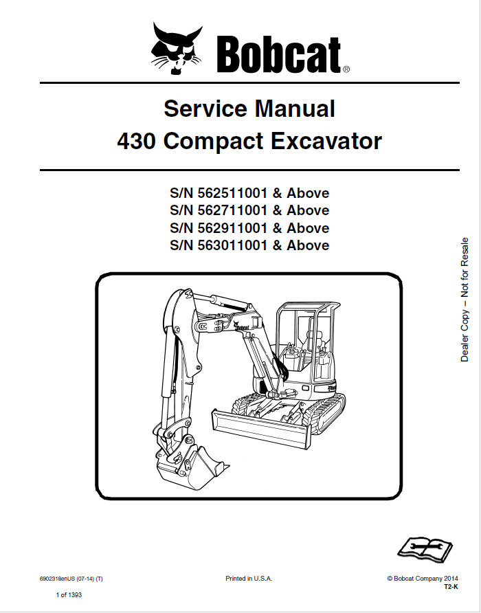Bobcat 430 Compact Excavator Service Manual PDF