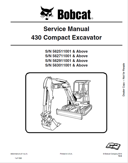 Bobcat 430 Compact Excavator Service Manual PDF