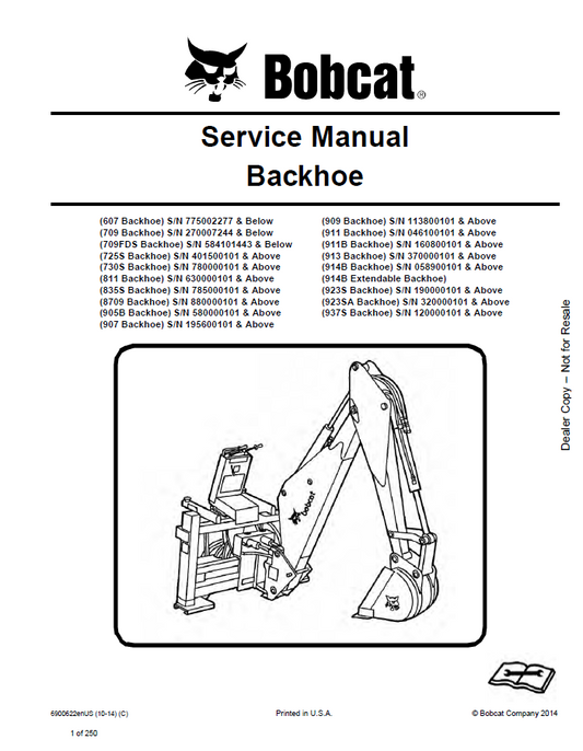 Bobcat 607, 709, 709FDS, 725S, 730S, 811, 835S Backhoe Service Manual PDF