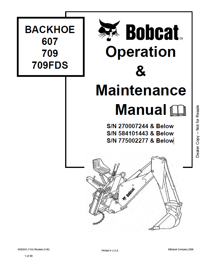 Bobcat 607, 709, 709FDS BACKHOE Operation and Maintenance Manual PDF