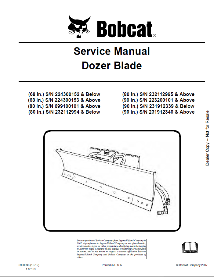 Bobcat 68 In, 68 In, 80 In, 80 In, 80 In, 90 In, 90 In, 90 In Service Manual PDF