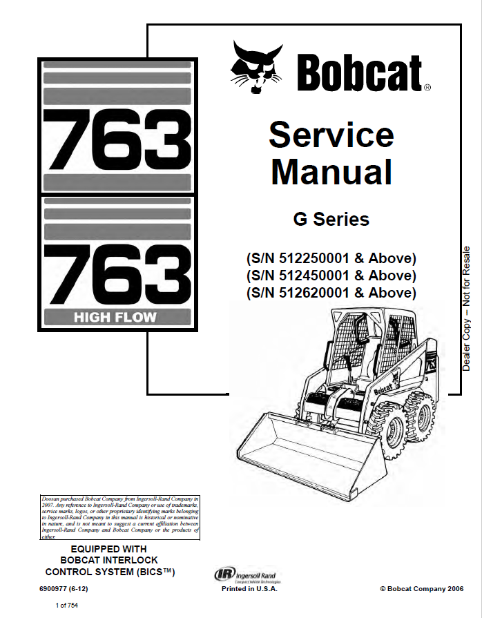 Bobcat 763 high flow 763 skid steer loader g series Service Manual PDF