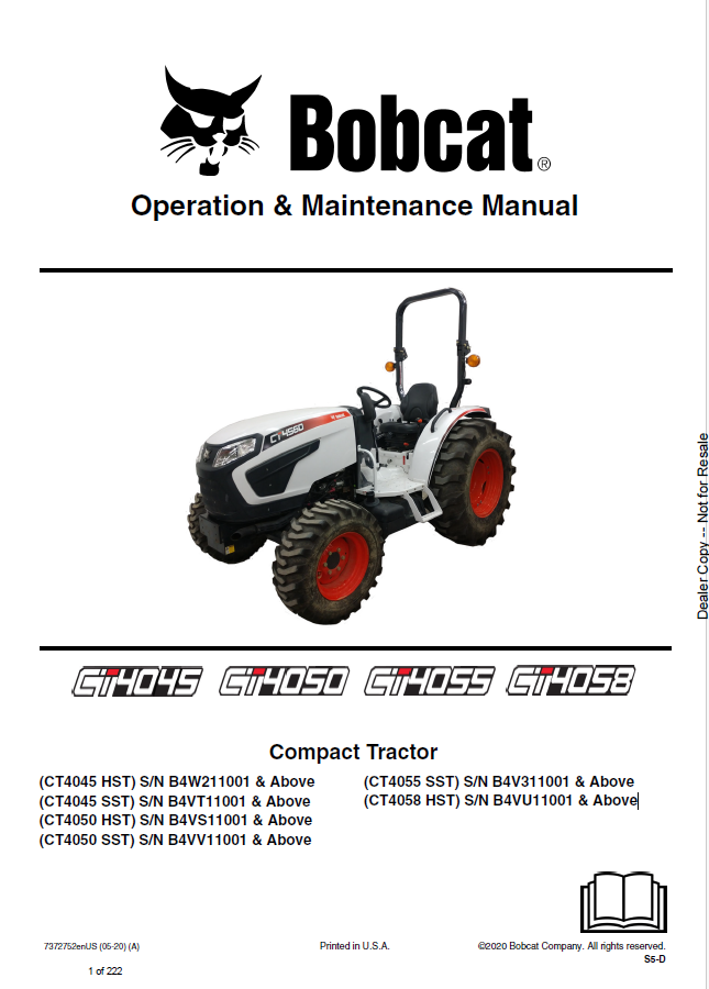 Bobcat CT4045 HST, CT4045 SST, CT4050 HST, CT4050 SST, CT4055 SST, CT4058 HST Compact Tractor Operation and Maintenance Manual PDF