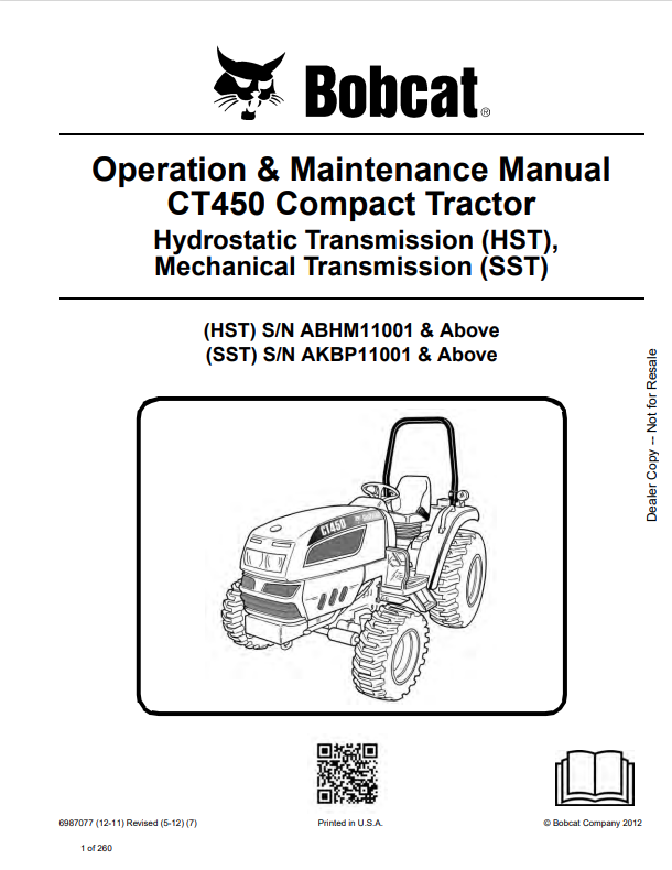 Bobcat CT450 Compact Tractor Operation &amp; Maintenance Manual (6987077) - PDF File