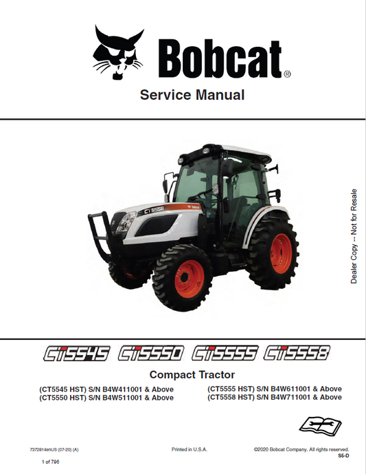 Bobcat CT5545 HST, CT5550 HST, CT5555 HST, CT5558 HST Compact Tractor Operation & Maintenance Manual PDF