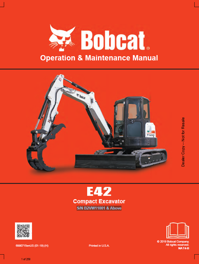 Bobcat E42 Compact excavator Operation and Maintenance Manual PDF
