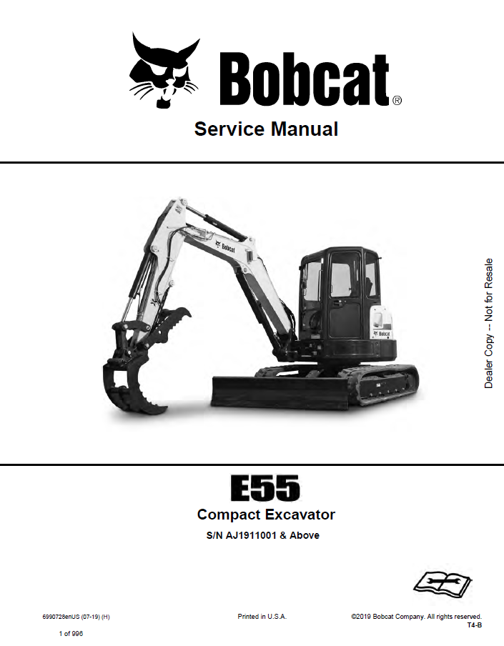 Bobcat E55 Compact Excavator Service Manual PDF