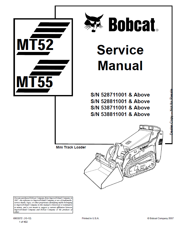Bobcat MT52, MT55 Mini Track Loader Service Manual PDF
