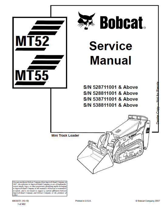 Bobcat MT52, MT55 Mini Track Loader Service Manual PDF