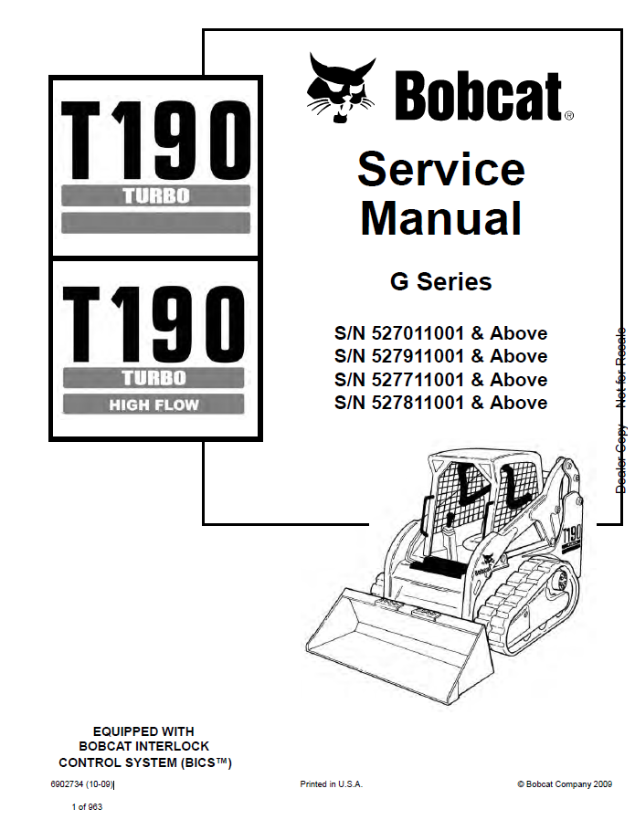 Bobcat T190 Turbo, T190 Turbo High Flow G-Series Service Manual PDF