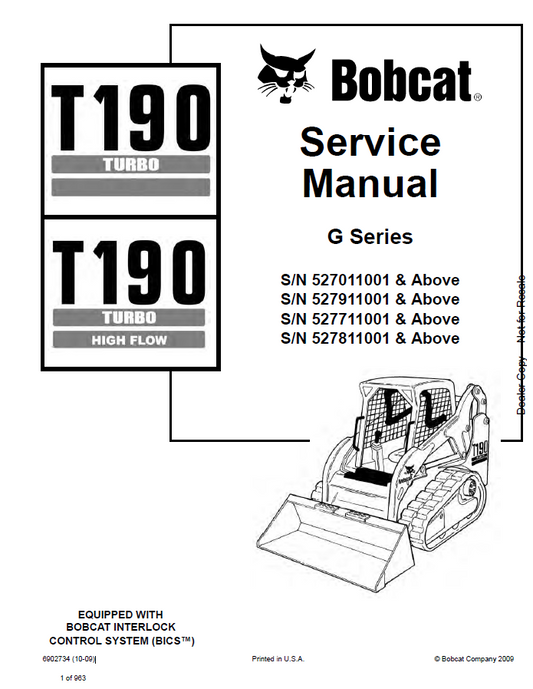 Bobcat T190 Turbo, T190 Turbo High Flow G-Series Service Manual PDF
