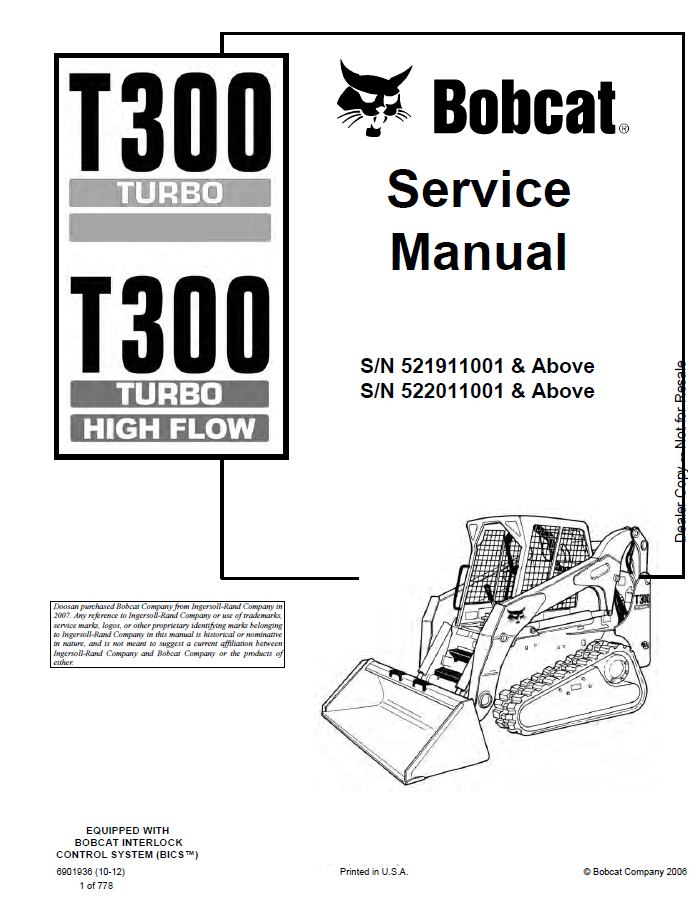 Bobcat T300, T300 Turbo High Flow Service Manual PDF