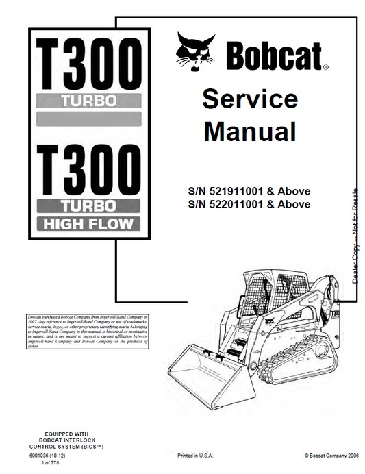 Bobcat T300, T300 Turbo High Flow Service Manual PDF