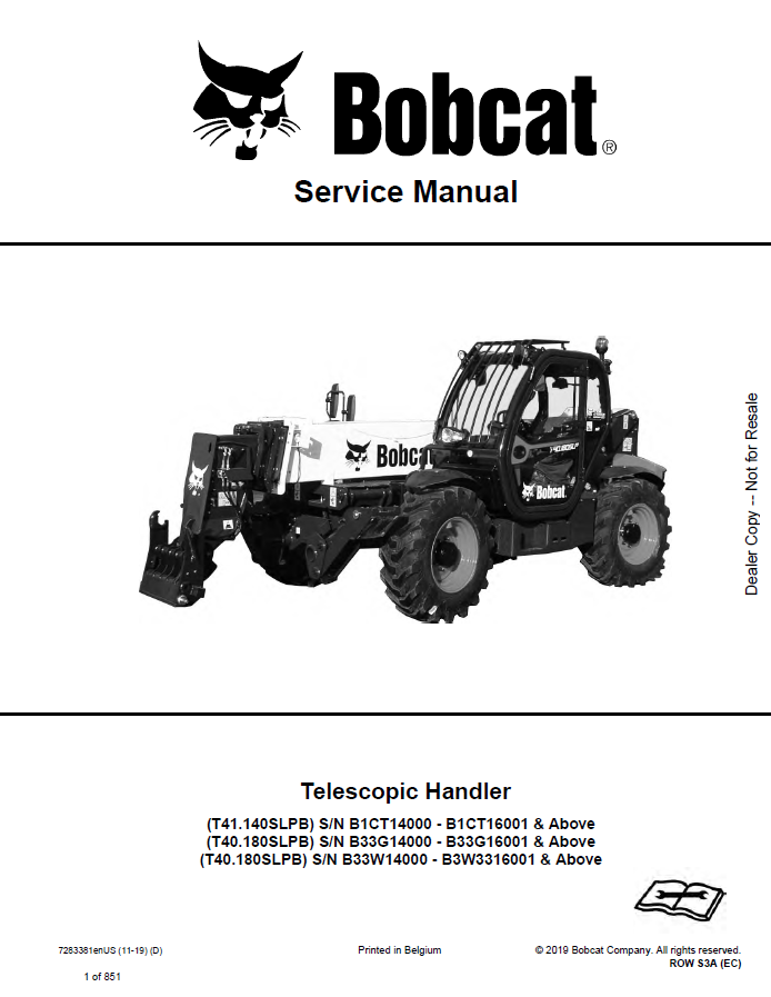 Bobcat T41.140SLPB, T40.180SLPB, T40.180SLPB Telescopic Handler Service Manual PDF