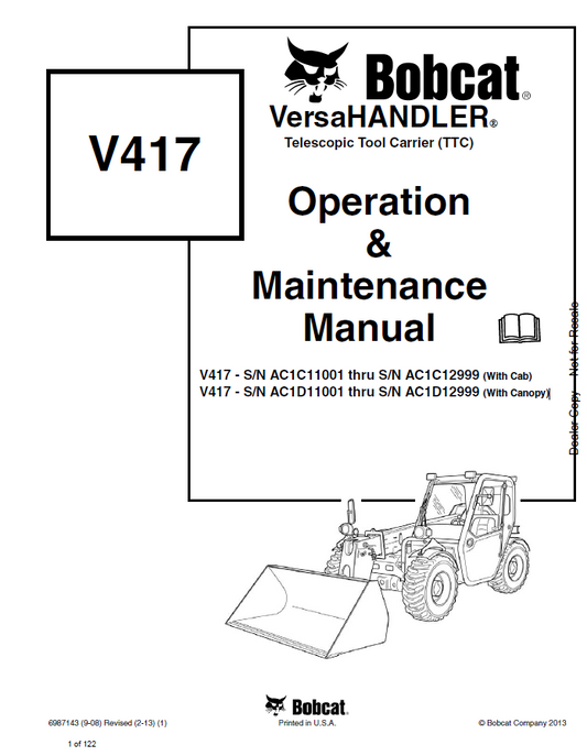 Bobcat V417 Telescopic Tool Carrier Operation & Maintenance Manual PDF