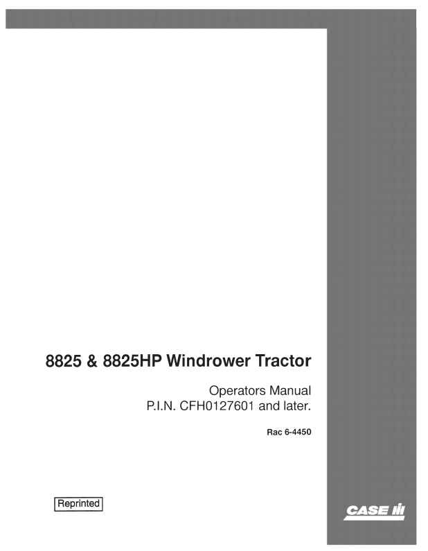 Case 8825 and 8825HP Windrower Tractor Operator Manual 6-4441 PDF