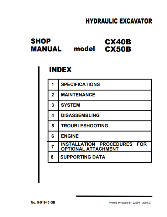 Case CX40B, CX50B Hydraulic Excavator Service Repair Manual 9-91940 PDF