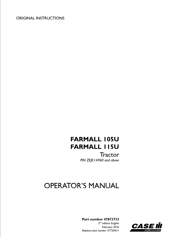 Case Farmall 105U, 115U Tractor Operator Manual 47873733 PDF