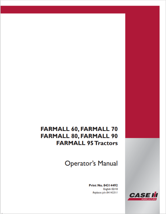 Case Farmall 60, 70, 80, 90, 95 Tractor Operator Manual 84314492 PDF