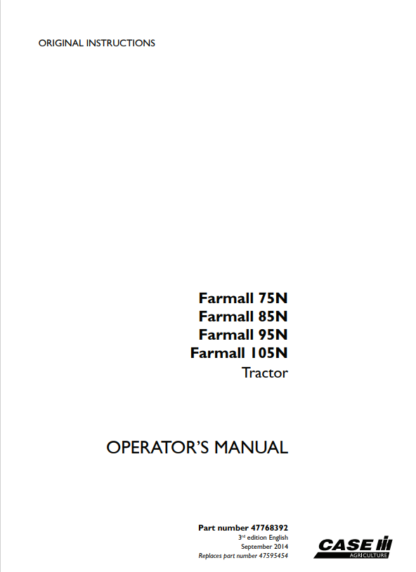 Case Farmall 75N, 85N, 95N, 105N Tractor Operator Manual 47768392 PDF