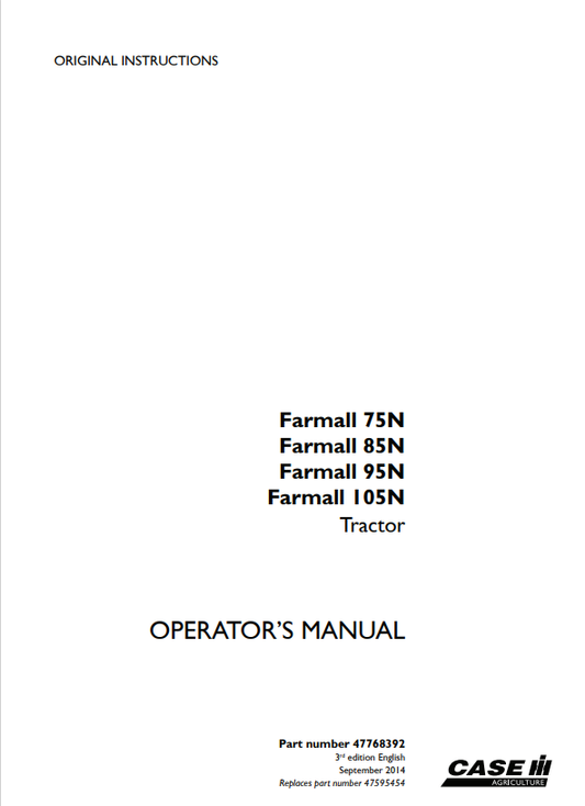 Case Farmall 75N, 85N, 95N, 105N Tractor Operator Manual 47768392 PDF