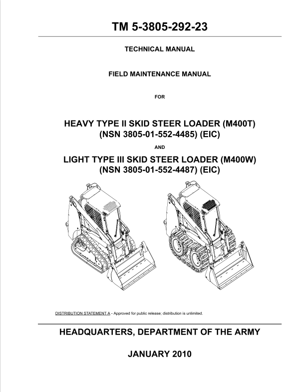 Case Heavy light Type LI Skid Steer Loader M400T, M400W Technical Manual TM 5-3805-292-23 PDF