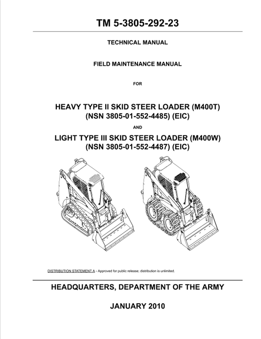 Case Heavy light Type LI Skid Steer Loader M400T, M400W Technical Manual TM 5-3805-292-23 PDF