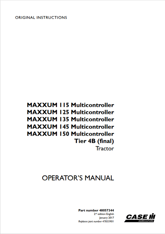 Case IH MAXXUM 115, 125, 135, 145, 150 Multi-controller Tractor Tier 4b Final Operator Manual 48057344 PDF