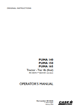 Case IH PUMA 140, 150, 165 Tractor Operator Manual 48133642 PDF