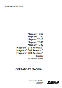 Case IH Tractor Magnum 250, 280, 310, 340, 380, Magnum 310, 340, 380 Rowtrac Tier 4B Operator Manual 48158467 PDF
