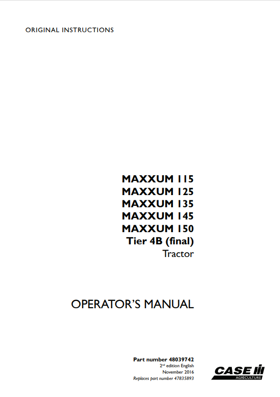 Case IH Tractor Maxxum 115, Maxxum 125, Maxxum 135, Maxxum 145, Maxxum 150 Tier 4B Operator Manual 48039742 PDF