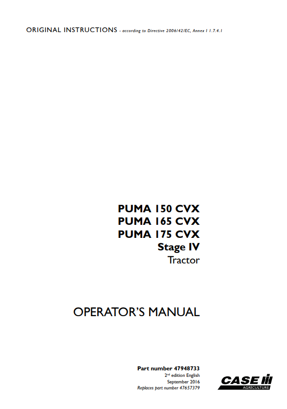 Case IH Tractor Puma 150, 165, 175 CVX Stage IV Operator Manual 47948733 PDF