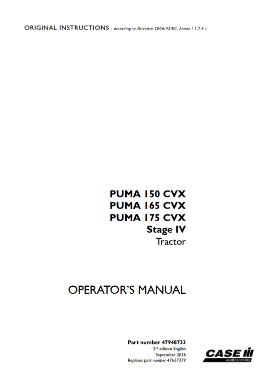 Case IH Tractor Puma 150, 165, 175 CVX Stage IV Operator Manual 47948733 PDF
