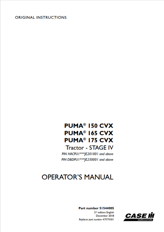 Case IH Tractor Puma 150,165,175 CVX Stage IV Operator Manual 51544005 PDF