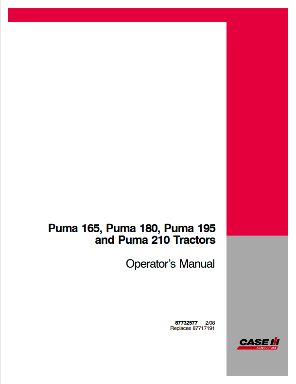 Case IH Tractor Puma 165, 180, 195, 210 Operator Manual 87732577 PDF