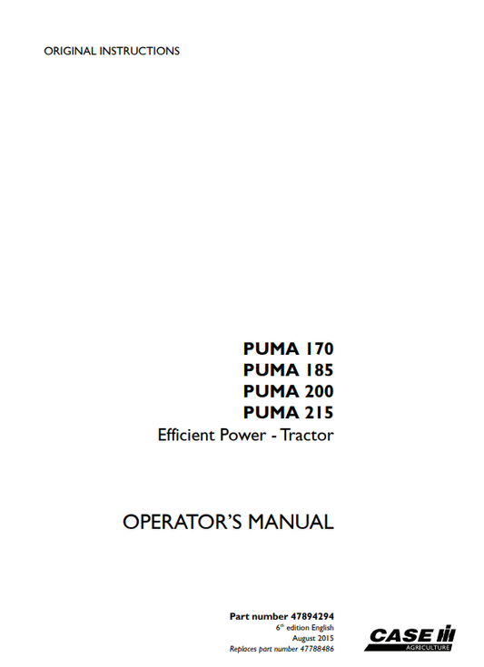 Case IH Tractor Puma 170, 185, 200, 215 Efficient Power Operator Manual 47894294 PDF