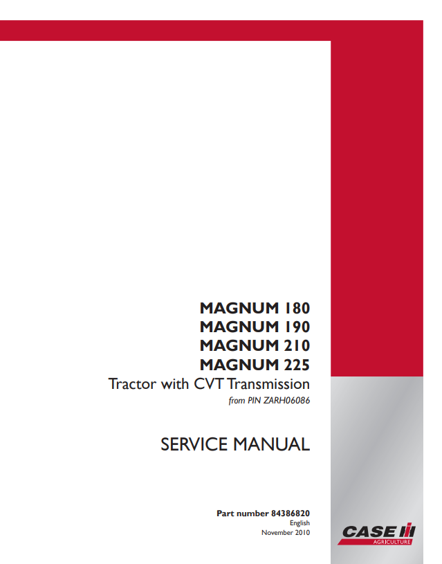 Case Magnum 180, 190, 210, 225 Tractor With CVT Transmission Service Manual 874386820 PDF